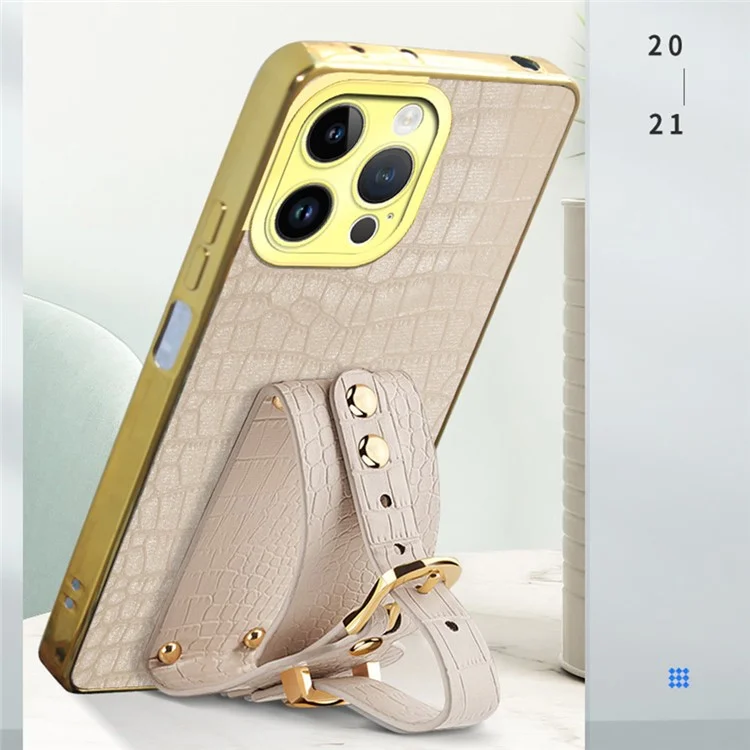 Für Das Iphone 16 Pro -case -armband Kickstand Crocodile Textur Leder+tpu -elektroplatten -telefonabdeckung - Weiß