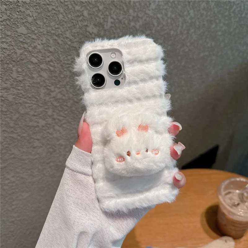 For iPhone 16 Pro Case Cute Furry Warm Plush Hard PC Winter Phone Cover - Rabbit