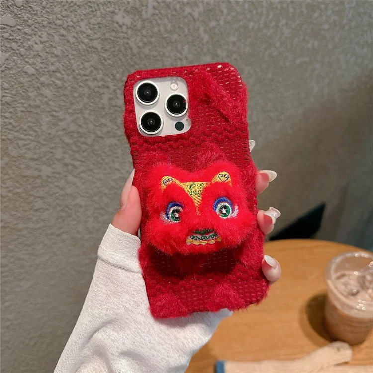 For iPhone 16 Pro Case Cute Furry Warm Plush Hard PC Winter Phone Cover - Awaken Lion