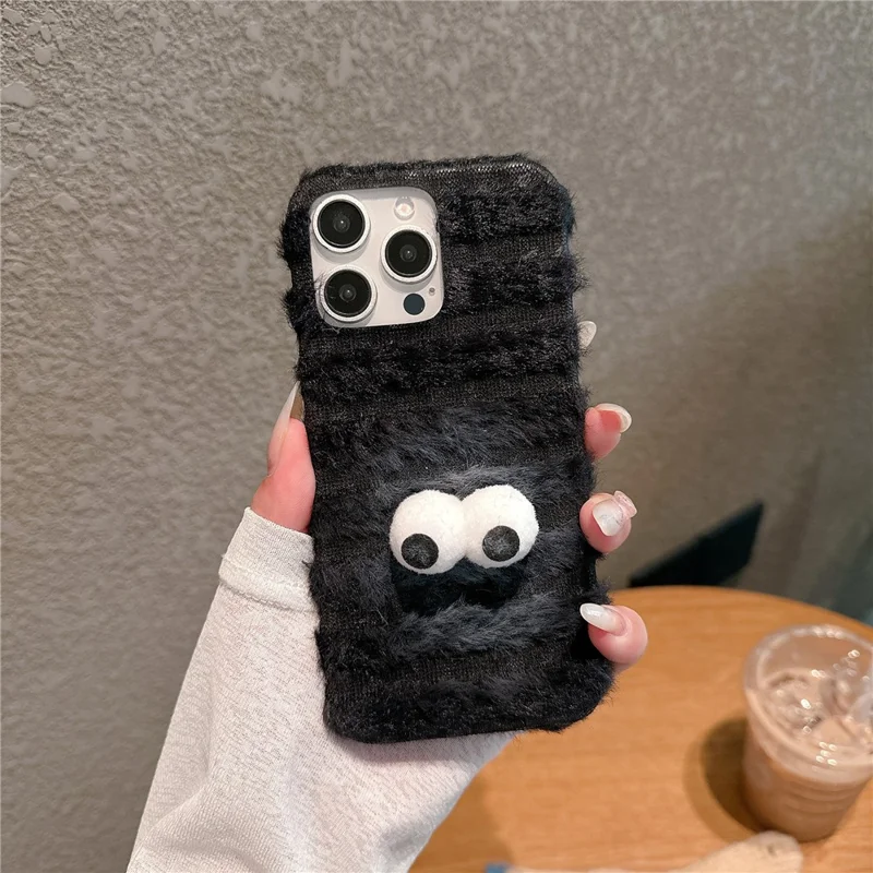 For iPhone 16 Pro Max Case Cute Furry Warm Plush Hard PC Winter Phone Cover - Briquette