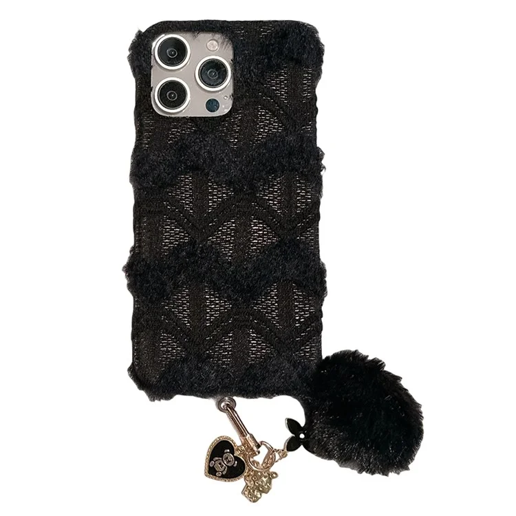 Für Iphone 16 Pro Case Soft Plüsch Hard PC Winter Telefonabdeckung Mit Niedlichem Schlüsselbundzubehör - Schwarz