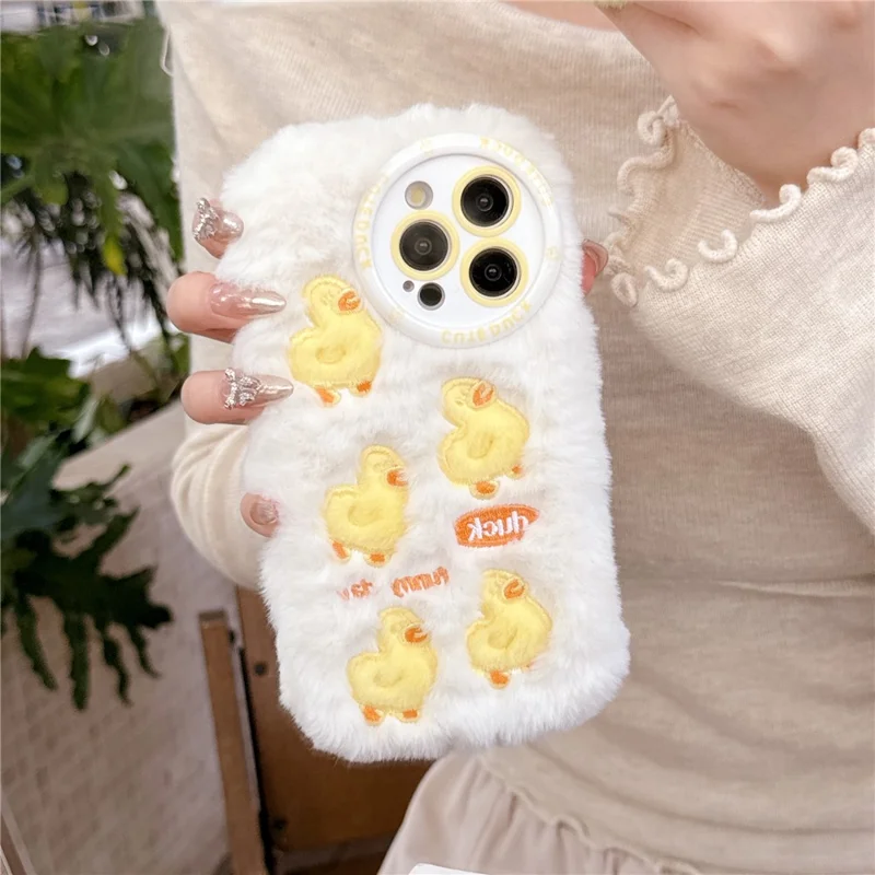 For iPhone 16 Pro Case Duck Embroidery Furry Warm Plush Soft TPU Phone Cover - White
