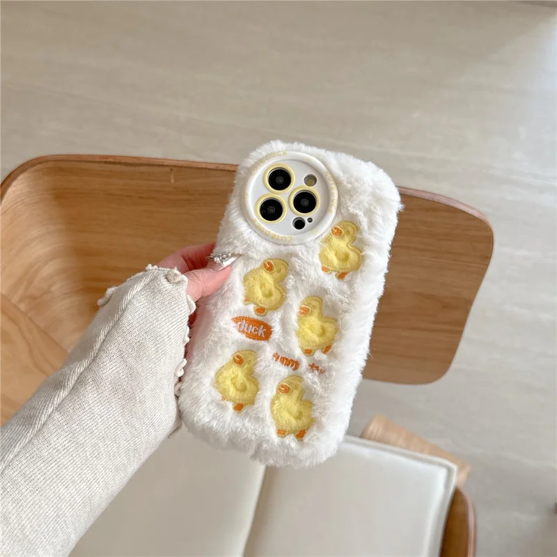 For iPhone 16 Pro Case Duck Embroidery Furry Warm Plush Soft TPU Phone Cover - White