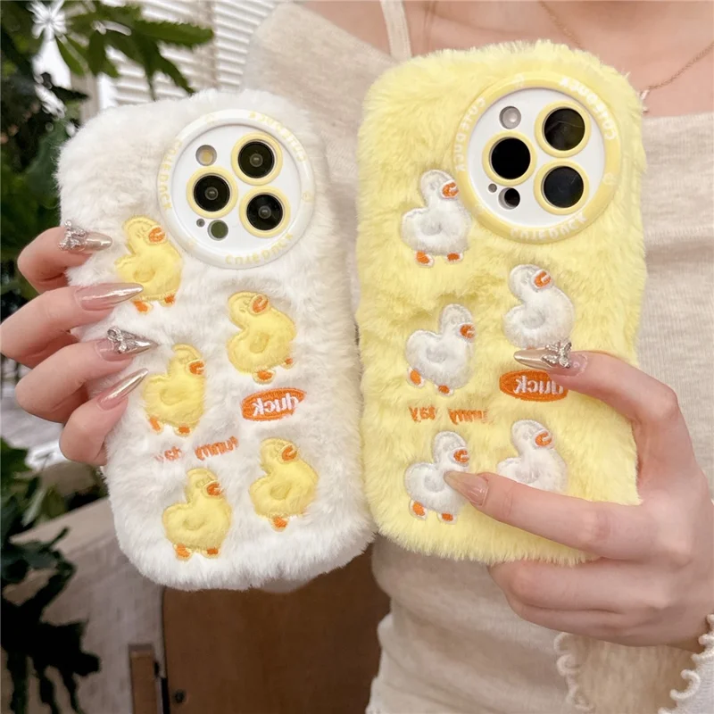 For iPhone 16 Pro Case Duck Embroidery Furry Warm Plush Soft TPU Phone Cover - White