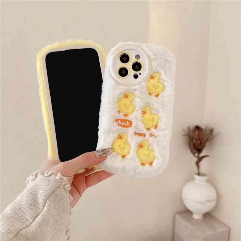 For iPhone 16 Pro Case Duck Embroidery Furry Warm Plush Soft TPU Phone Cover - White