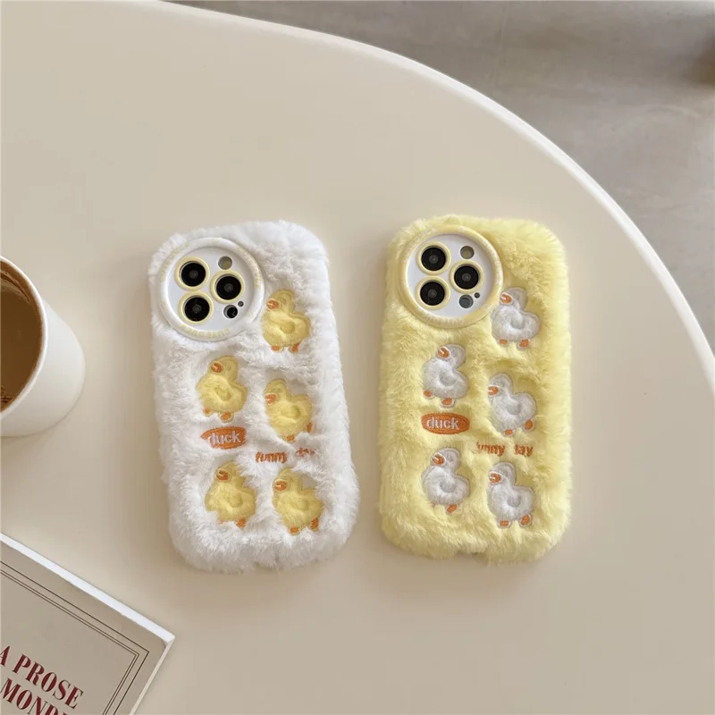 For iPhone 16 Pro Case Duck Embroidery Furry Warm Plush Soft TPU Phone Cover - White