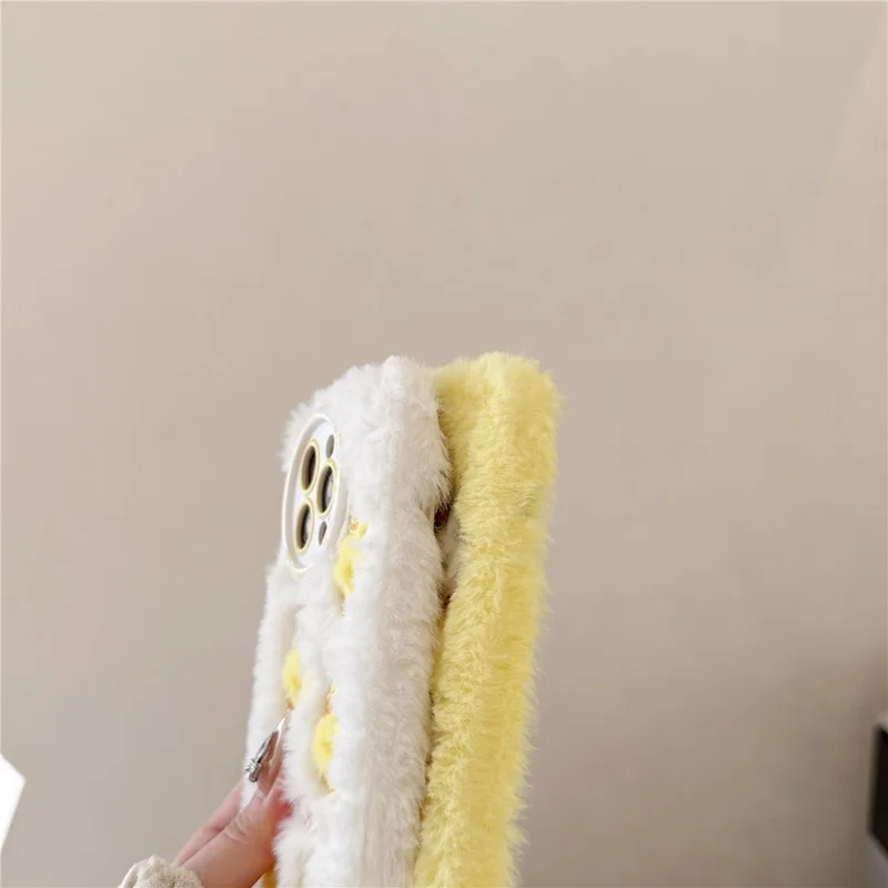 For iPhone 16 Pro Case Duck Embroidery Furry Warm Plush Soft TPU Phone Cover - White