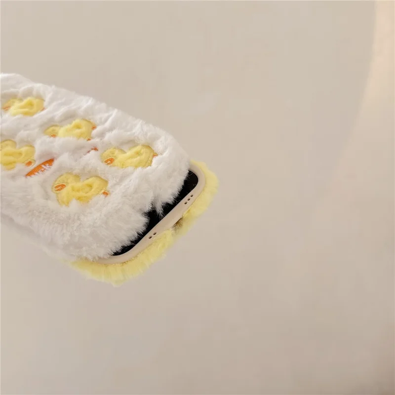 For iPhone 16 Pro Case Duck Embroidery Furry Warm Plush Soft TPU Phone Cover - White