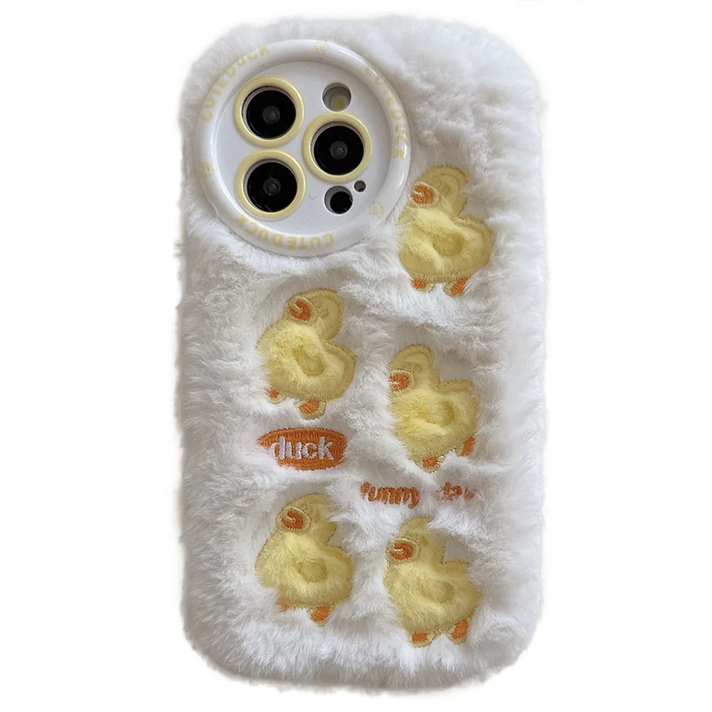 For iPhone 16 Pro Max Case Duck Embroidery Furry Warm Plush Soft TPU Phone Cover - White