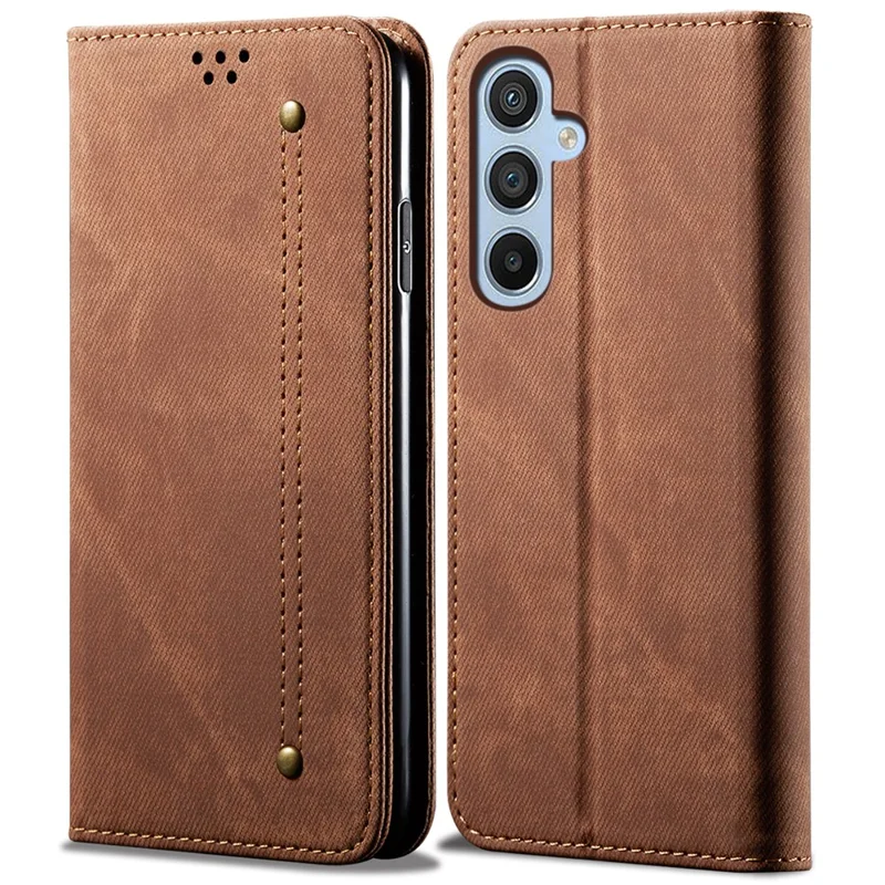 For Samsung Galaxy S25+ Case Jeans Cloth Texture Anti-Scratch Leather Stand Phone Cover - Coffee