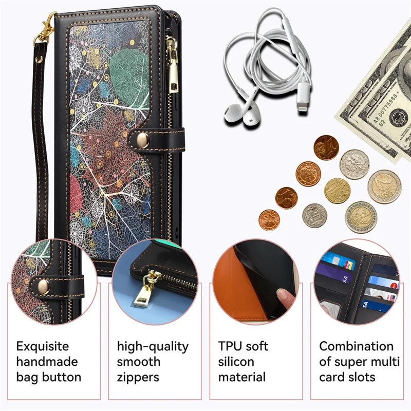 ESEBLE Galaxy Series For Samsung Galaxy S25 Case Leather Zipper Phone Cover RFID Blocking - Black