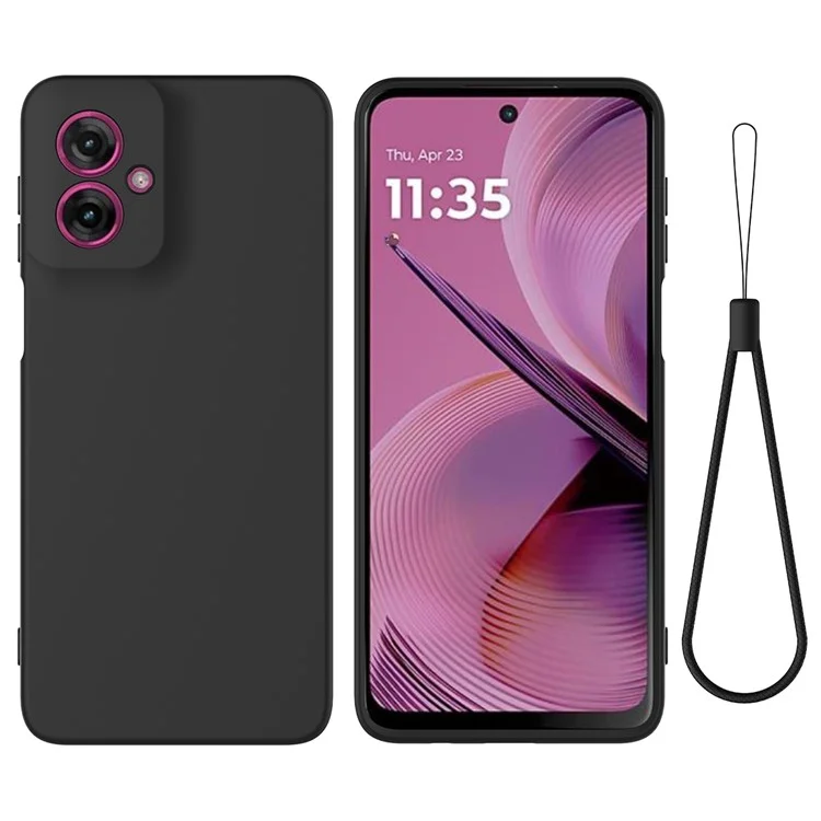 Чехол для Motorola Moto G55 5G из жидкого силикона с антиударной защитой и ремешком на руку - черный