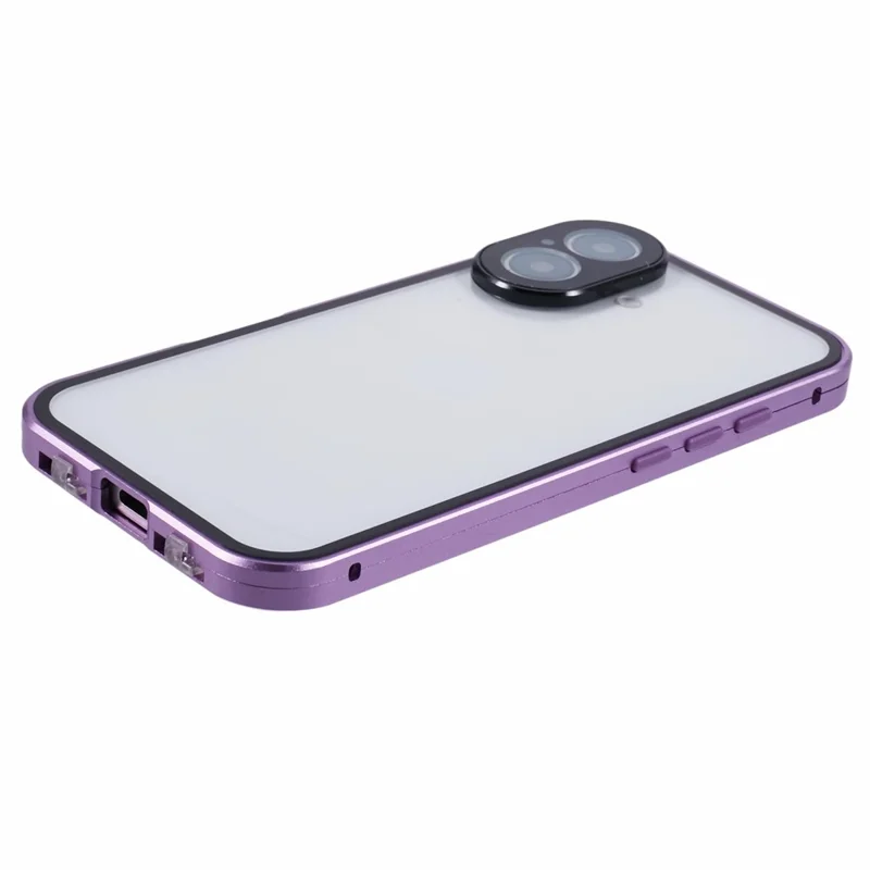 For iPhone 16 Case Magnetic Adsorption Double Sides Tempered Glass+Metal Phone Cover with Buckle - Purple