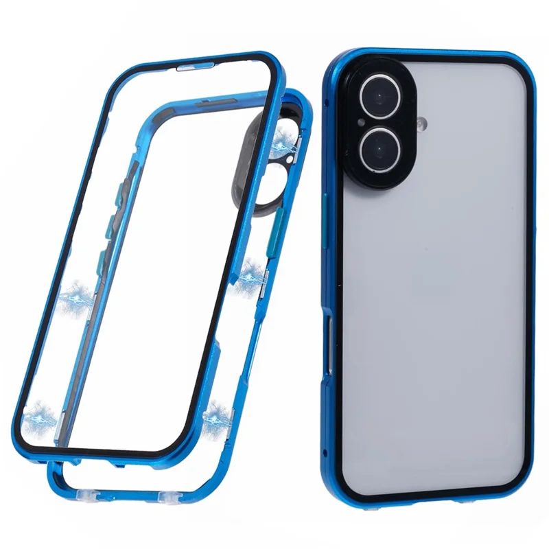 For iPhone 16 Case Magnetic Adsorption Double Sides Tempered Glass+Metal Phone Cover with Buckle - Blue