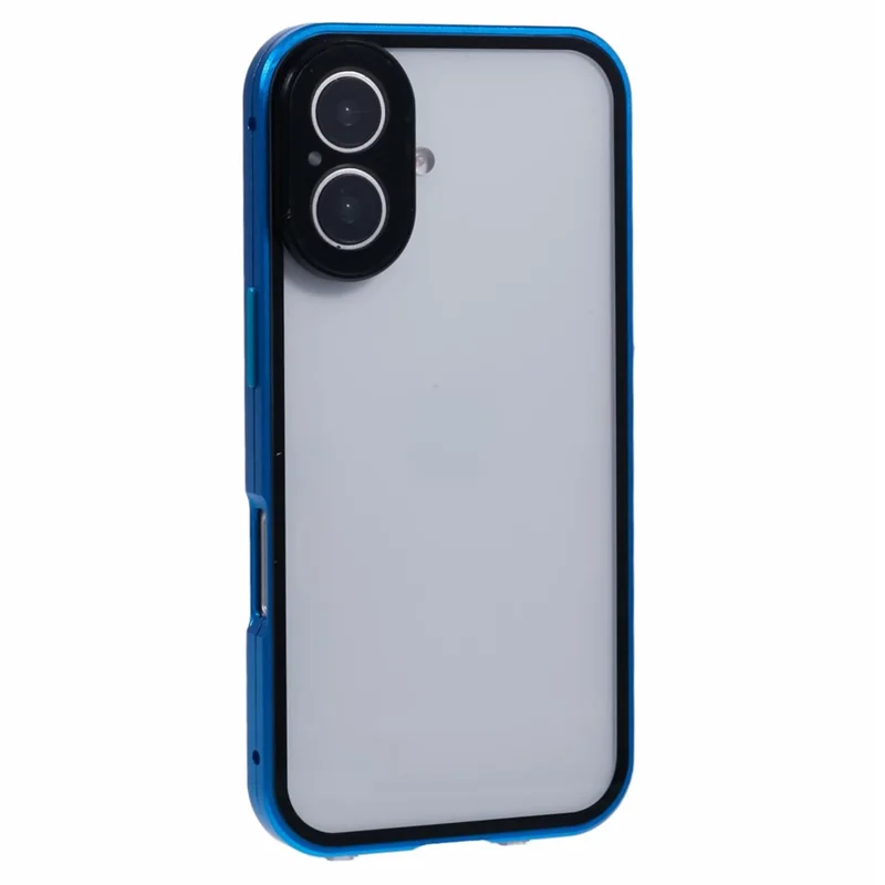 For iPhone 16 Case Magnetic Adsorption Double Sides Tempered Glass+Metal Phone Cover with Buckle - Blue