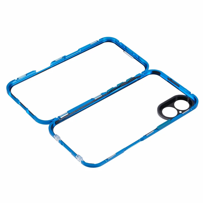 For iPhone 16 Case Magnetic Adsorption Double Sides Tempered Glass+Metal Phone Cover with Buckle - Blue