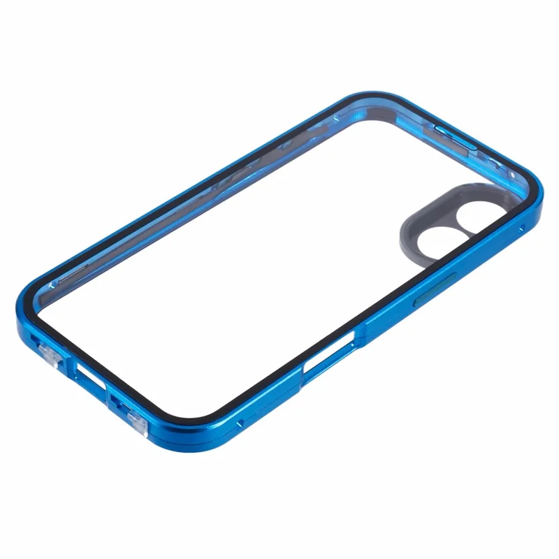 For iPhone 16 Case Magnetic Adsorption Double Sides Tempered Glass+Metal Phone Cover with Buckle - Blue