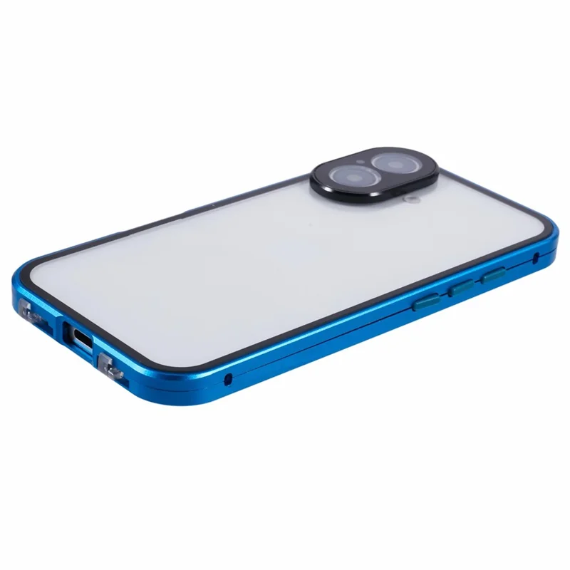 For iPhone 16 Case Magnetic Adsorption Double Sides Tempered Glass+Metal Phone Cover with Buckle - Blue