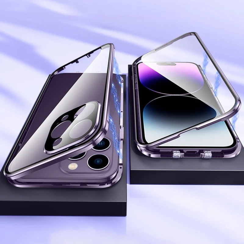 For iPhone 16 Pro Case Magnetic Adsorption Double Sides Tempered Glass+Metal Phone Cover with Buckle - Purple