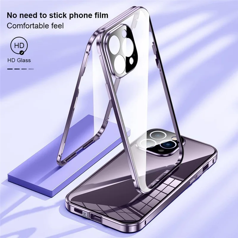 For iPhone 16 Pro Case Magnetic Adsorption Double Sides Tempered Glass+Metal Phone Cover with Buckle - Purple