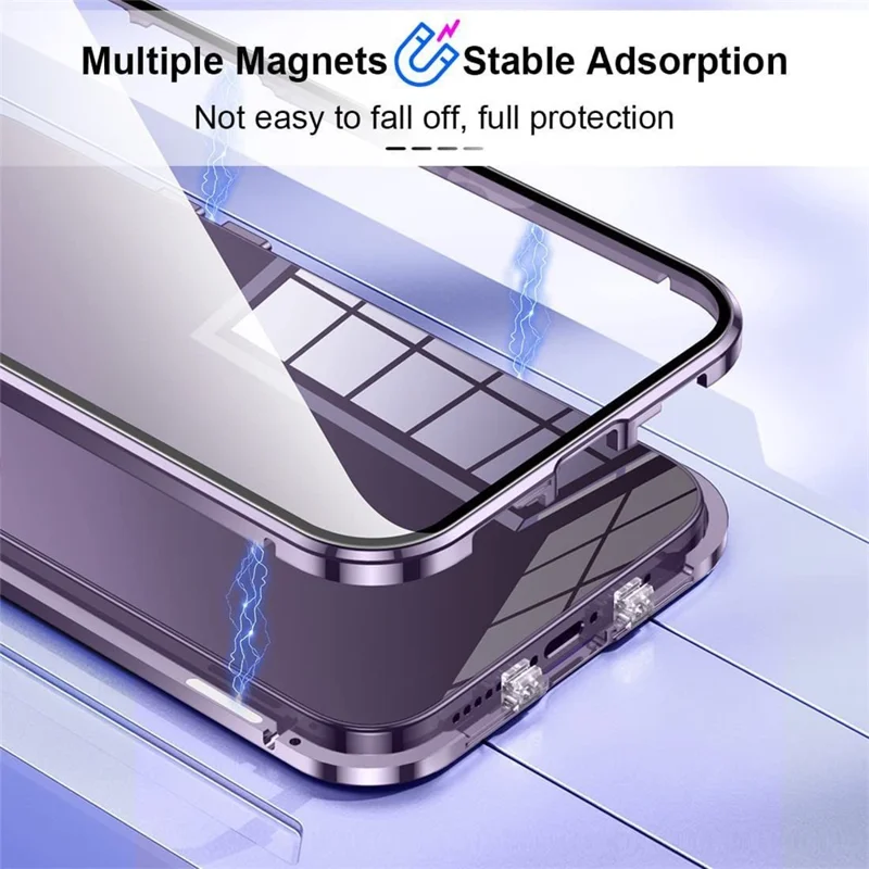 For iPhone 16 Pro Case Magnetic Adsorption Double Sides Tempered Glass+Metal Phone Cover with Buckle - Purple