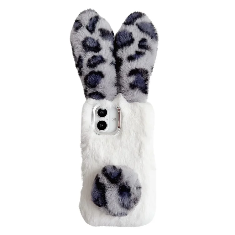 Para Iphone 16 Case Fluffy Leopard Spliting Bunny Plush TPU Telephip Cover - Negro