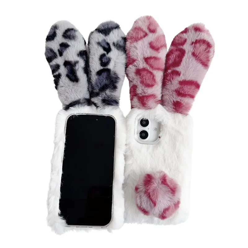 For iPhone 16 Plus Case Fluffy Leopard Splicing Bunny Plush TPU Phone Cover - Pink