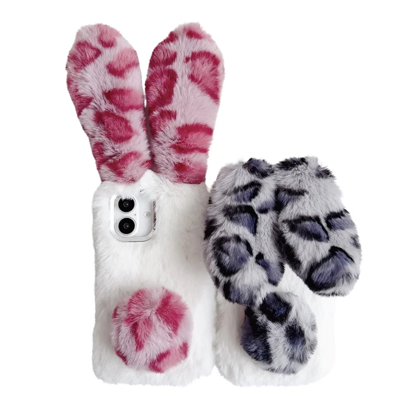 For iPhone 16 Plus Case Fluffy Leopard Splicing Bunny Plush TPU Phone Cover - Pink