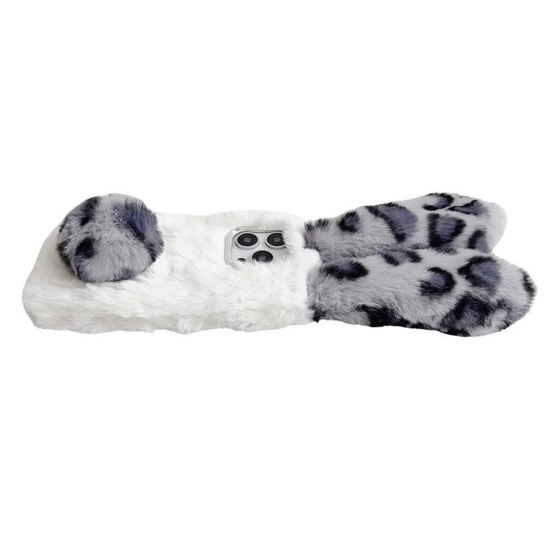 For iPhone 16 Pro Case Fluffy Leopard Splicing Bunny Plush TPU Phone Cover - Brown