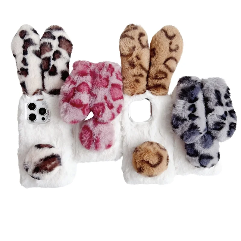For iPhone 16 Pro Case Fluffy Leopard Splicing Bunny Plush TPU Phone Cover - Brown