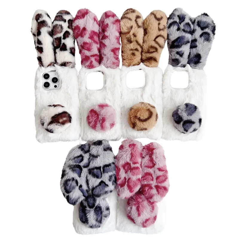 For iPhone 16 Pro Case Fluffy Leopard Splicing Bunny Plush TPU Phone Cover - Brown