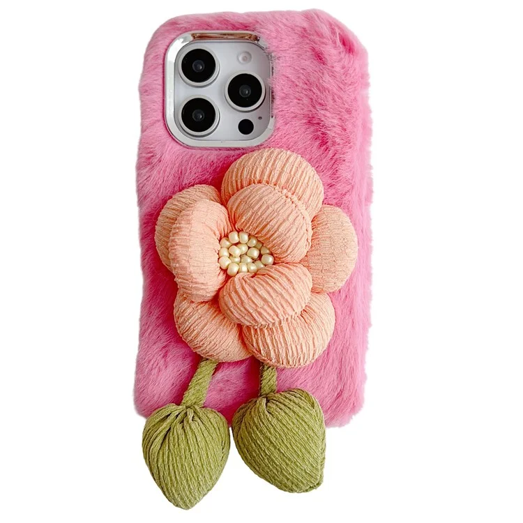 Para Iphone 16 Pro Max Plush Phone Case 3D Decor de Flor Fofo TPU Tapa de Volta - Rosa