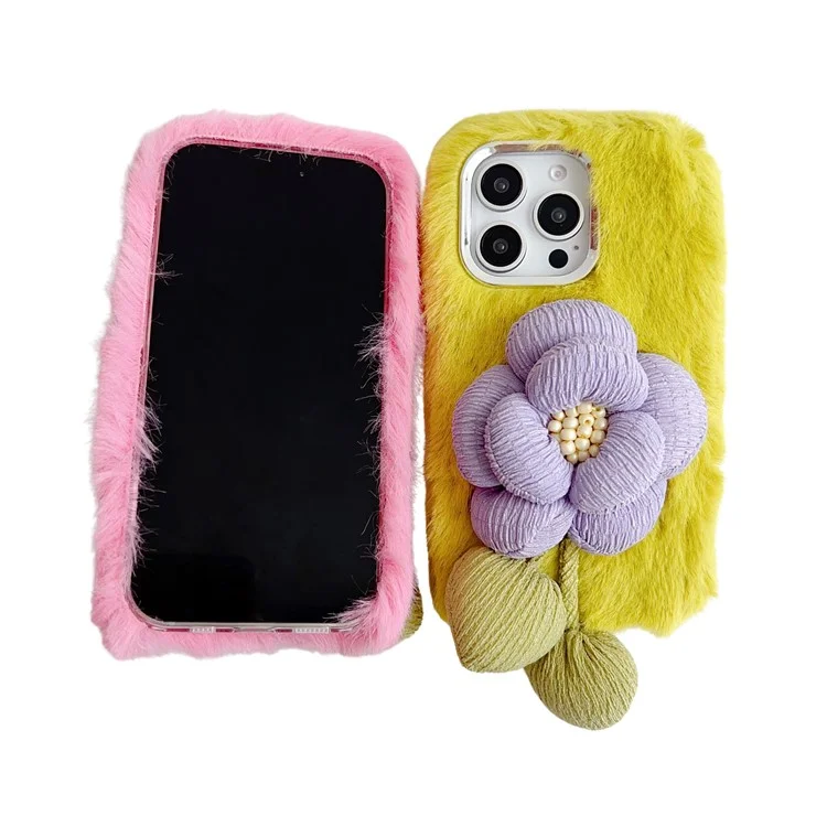 Para Iphone 16 Pro Max Plush Phone Case 3D Decor de Flor Fofo TPU Tapa de Volta - Rosa