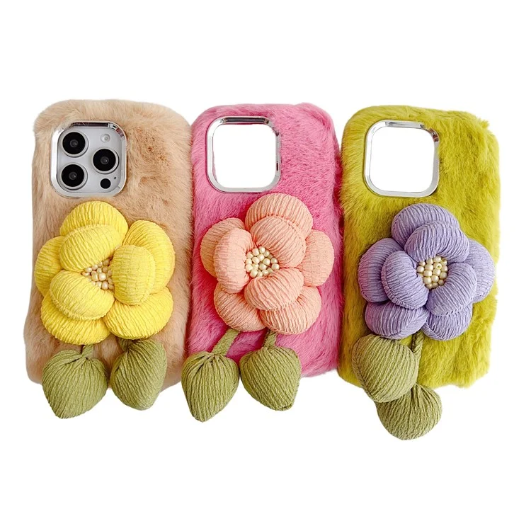 Para Iphone 16 Pro Max Plush Phone Case 3D Decor de Flor Fofo TPU Tapa de Volta - Rosa