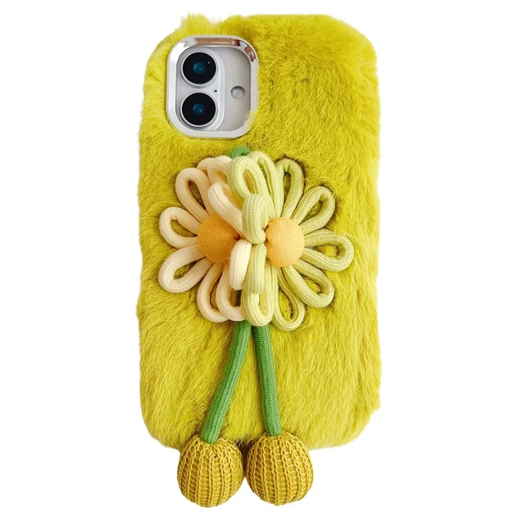 For iPhone 16 Case Two Flowers Decor Outer Fluffy Plush Inner TPU Phone Cover - Green