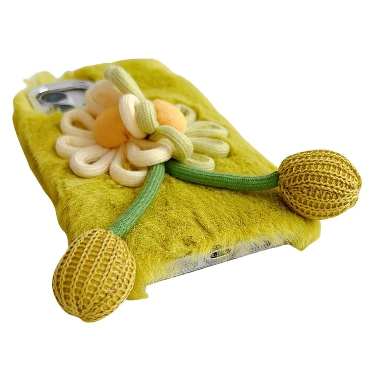 For iPhone 16 Case Two Flowers Decor Outer Fluffy Plush Inner TPU Phone Cover - Green