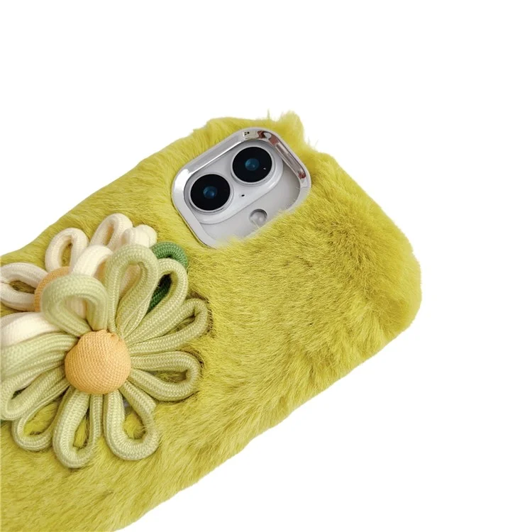 For iPhone 16 Case Two Flowers Decor Outer Fluffy Plush Inner TPU Phone Cover - Green