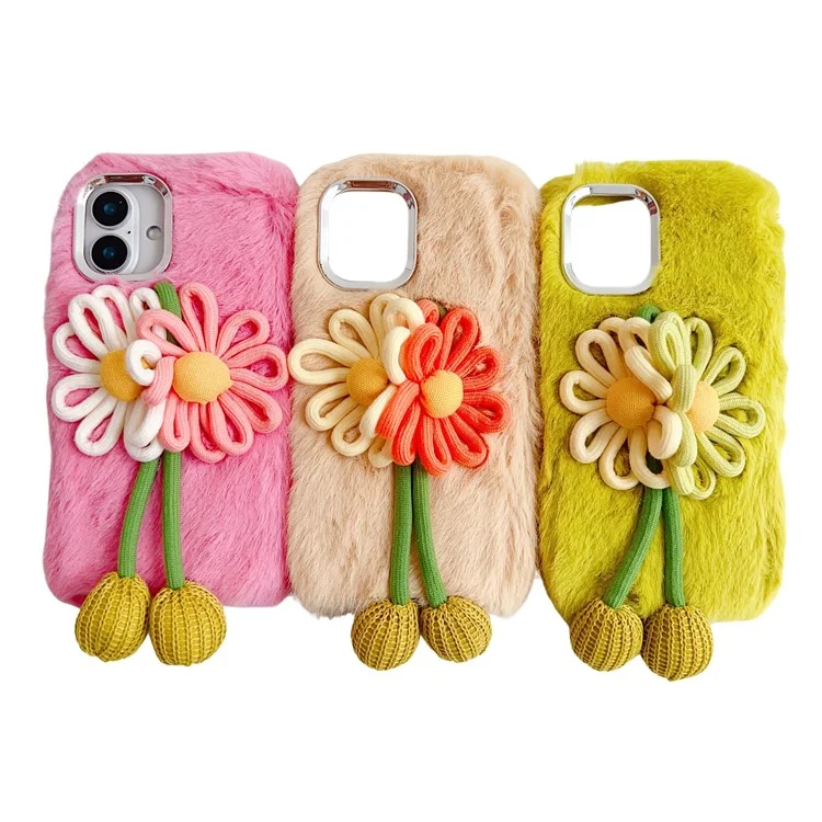 For iPhone 16 Case Two Flowers Decor Outer Fluffy Plush Inner TPU Phone Cover - Green