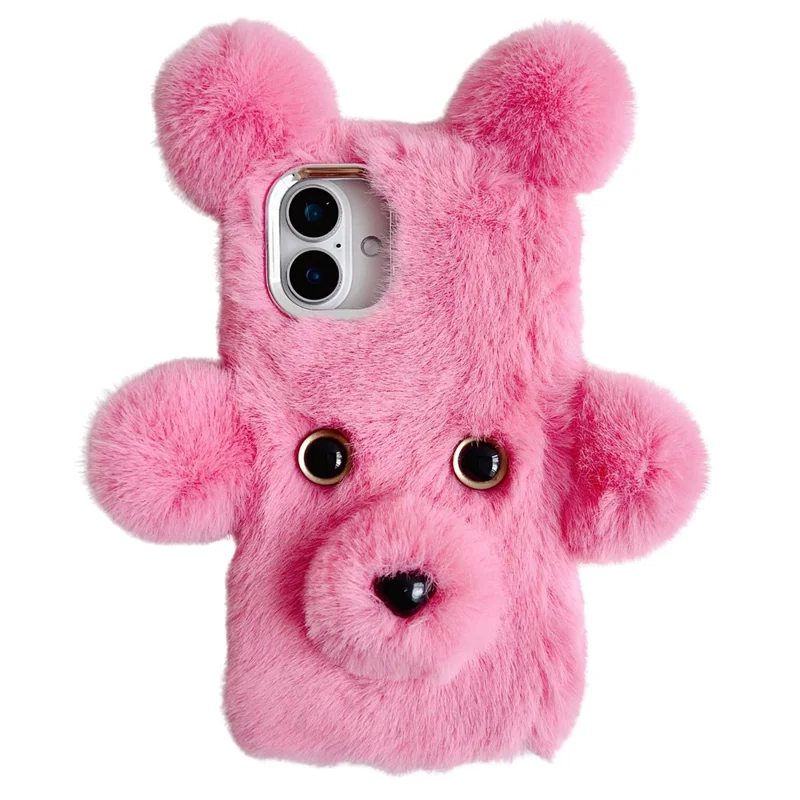 For iPhone 16 Case 3D Bear Faux Fur Fluffy Inner TPU Phone Cover - Pink