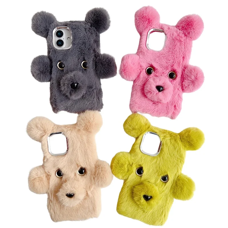 For iPhone 16 Case 3D Bear Faux Fur Fluffy Inner TPU Phone Cover - Pink