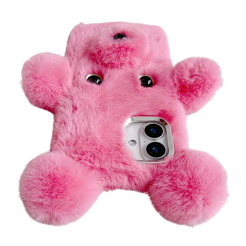 For iPhone 16 Case 3D Bear Faux Fur Fluffy Inner TPU Phone Cover - Pink
