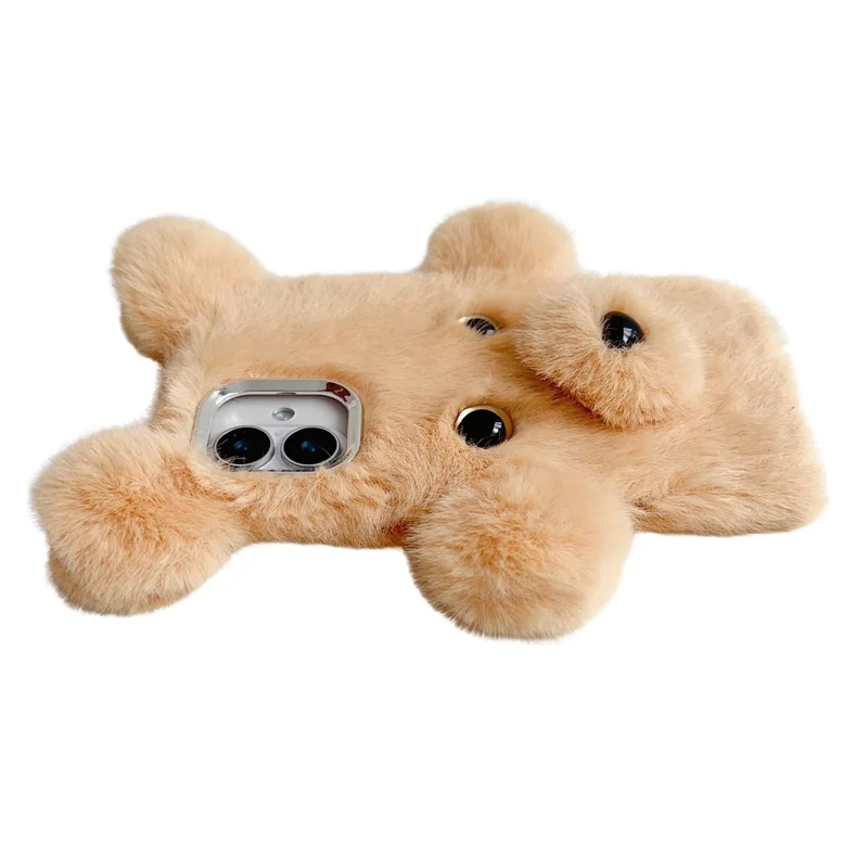 For iPhone 16 Case 3D Bear Faux Fur Fluffy Inner TPU Phone Cover - Pink