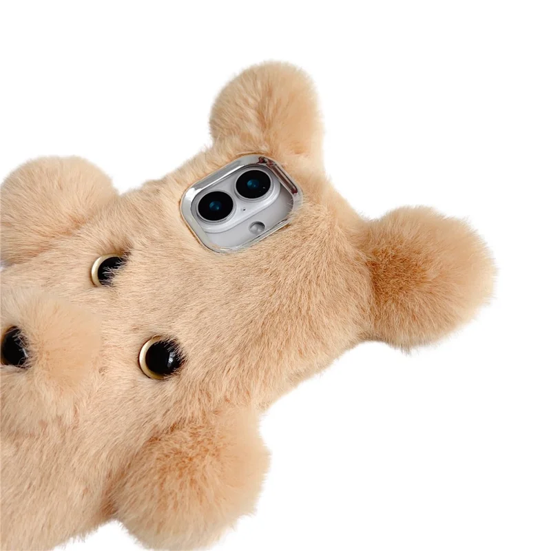 For iPhone 16 Case 3D Bear Faux Fur Fluffy Inner TPU Phone Cover - Pink