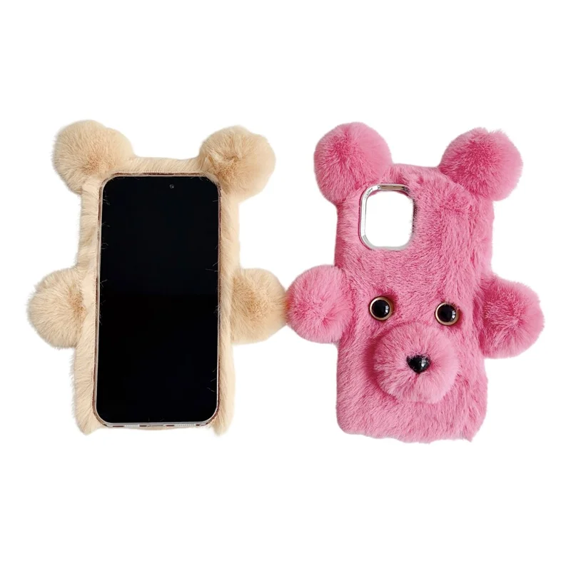 For iPhone 16 Case 3D Bear Faux Fur Fluffy Inner TPU Phone Cover - Pink