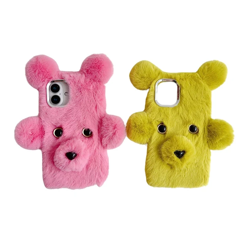 For iPhone 16 Case 3D Bear Faux Fur Fluffy Inner TPU Phone Cover - Pink