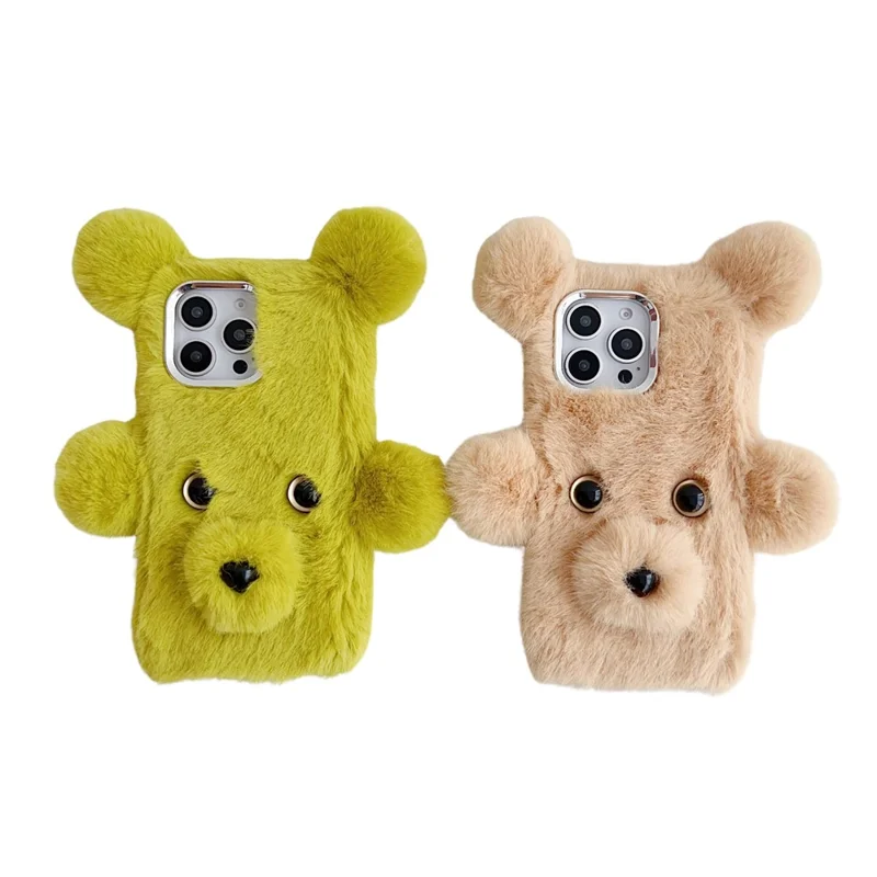 For iPhone 16 Pro Max Case 3D Bear Faux Fur Fluffy Inner TPU Phone Cover - Green