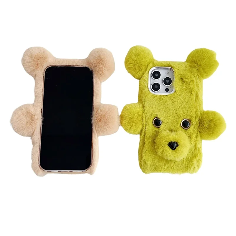 For iPhone 16 Pro Max Case 3D Bear Faux Fur Fluffy Inner TPU Phone Cover - Green