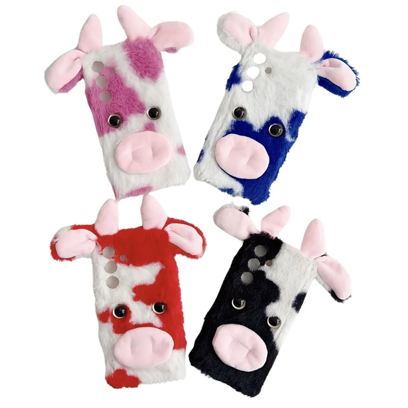 For Samsung Galaxy S25+ Case Fluffy Cute Cow Winter Plush Inner TPU Phone Cover - Blue