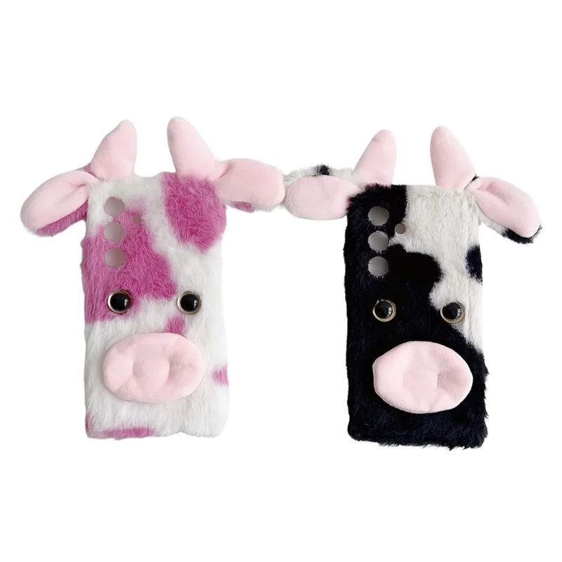 For Samsung Galaxy S25+ Case Fluffy Cute Cow Winter Plush Inner TPU Phone Cover - Blue