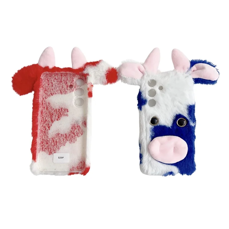 For Samsung Galaxy S25+ Case Fluffy Cute Cow Winter Plush Inner TPU Phone Cover - Blue